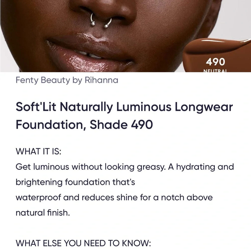 Fenty Beauty Soft’Lit Naturally Luminous Hydrating Longwear Foundation Shade 490